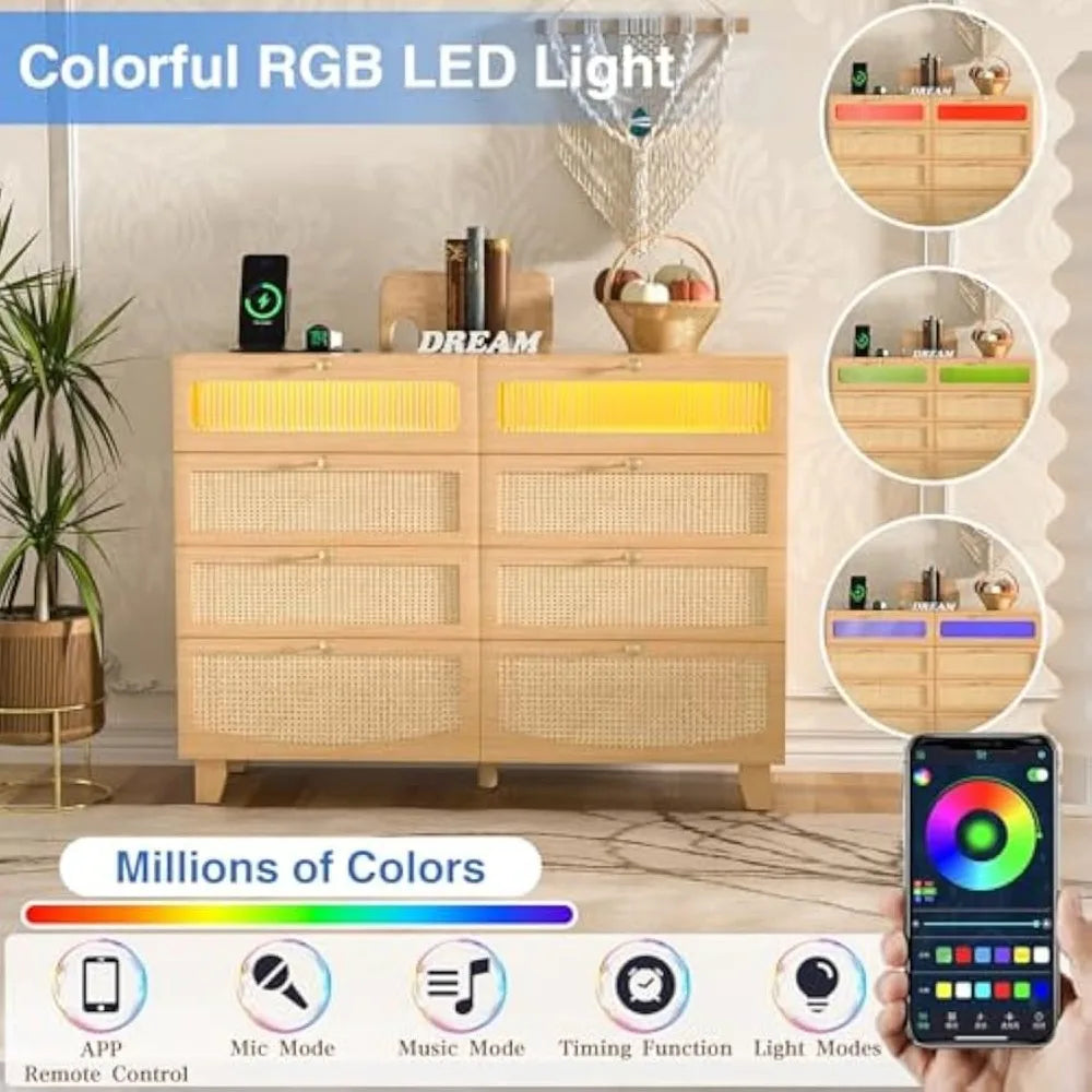 MKDK Rattan Dresser With 8 Drawers And LED Lighting