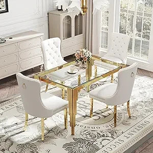 AMHDDT Five-Piece Glass Dining Set for Four with Velvet Chairs