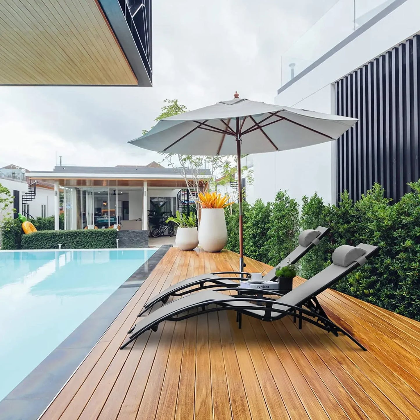 AuAg Aluminum 3-Piece Outdoor Lounge Chair Set With Table