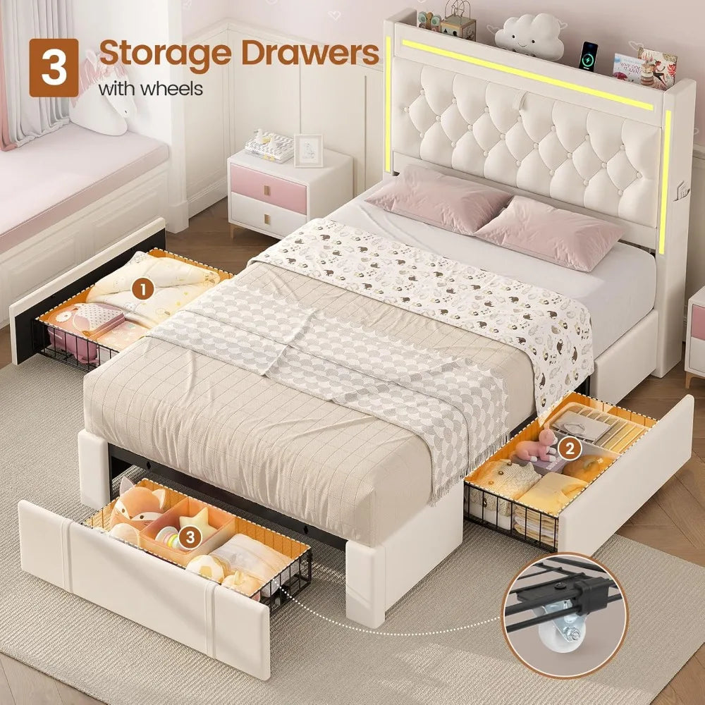 LED Bed Frame With Storage Drawers And Charging Station