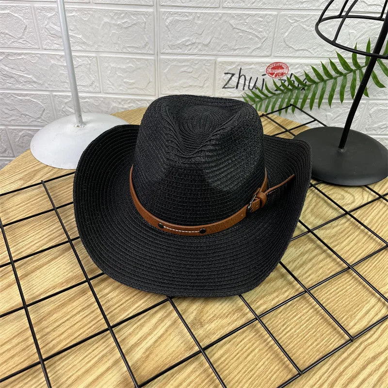 Wide Brim Straw Cowboy Hat Sun Protection for Summer