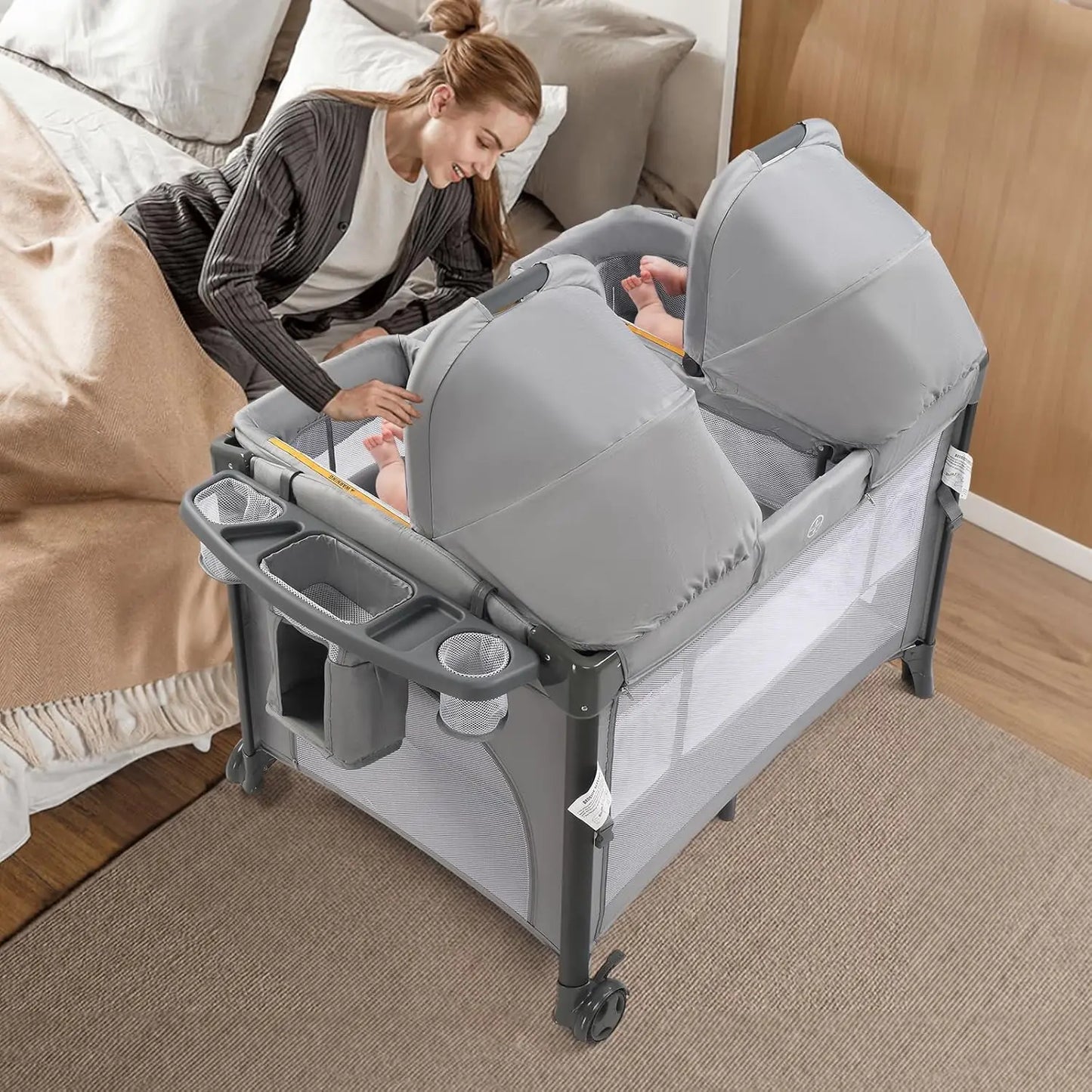 Baby Bedside Bassinet Sleeper Convertible to Playpen With Wheels