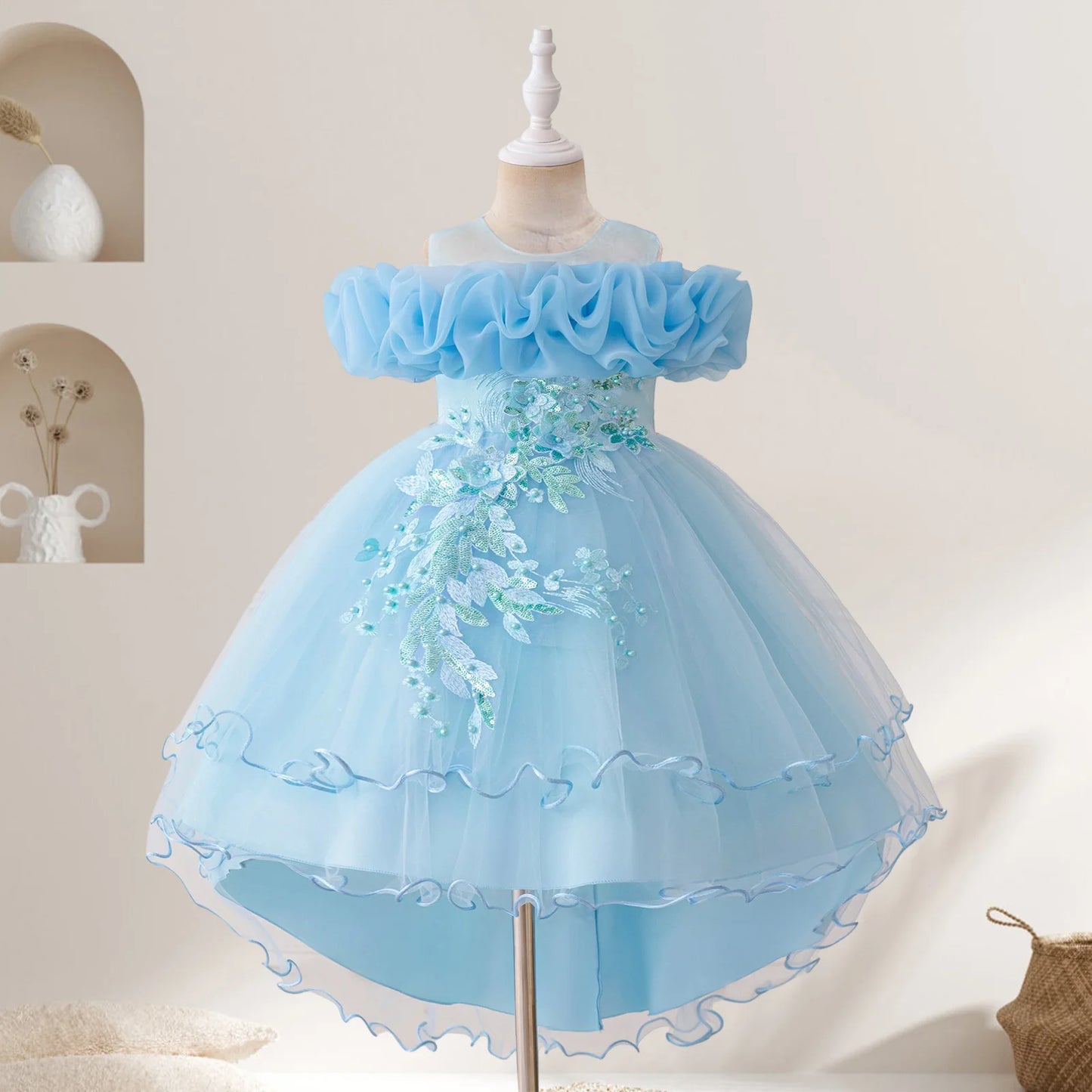 Toddler Girls Floral Print Sleeveless Tulle Dress With Ruffles