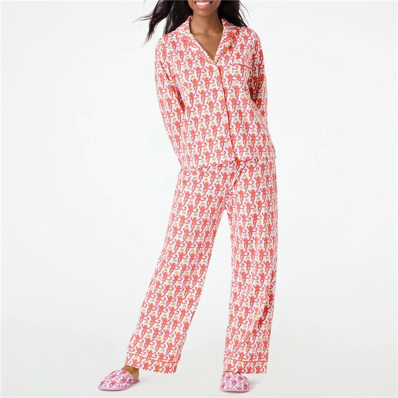 hirigin Women Pajama Set Cartoon Monkey Print Loungewear