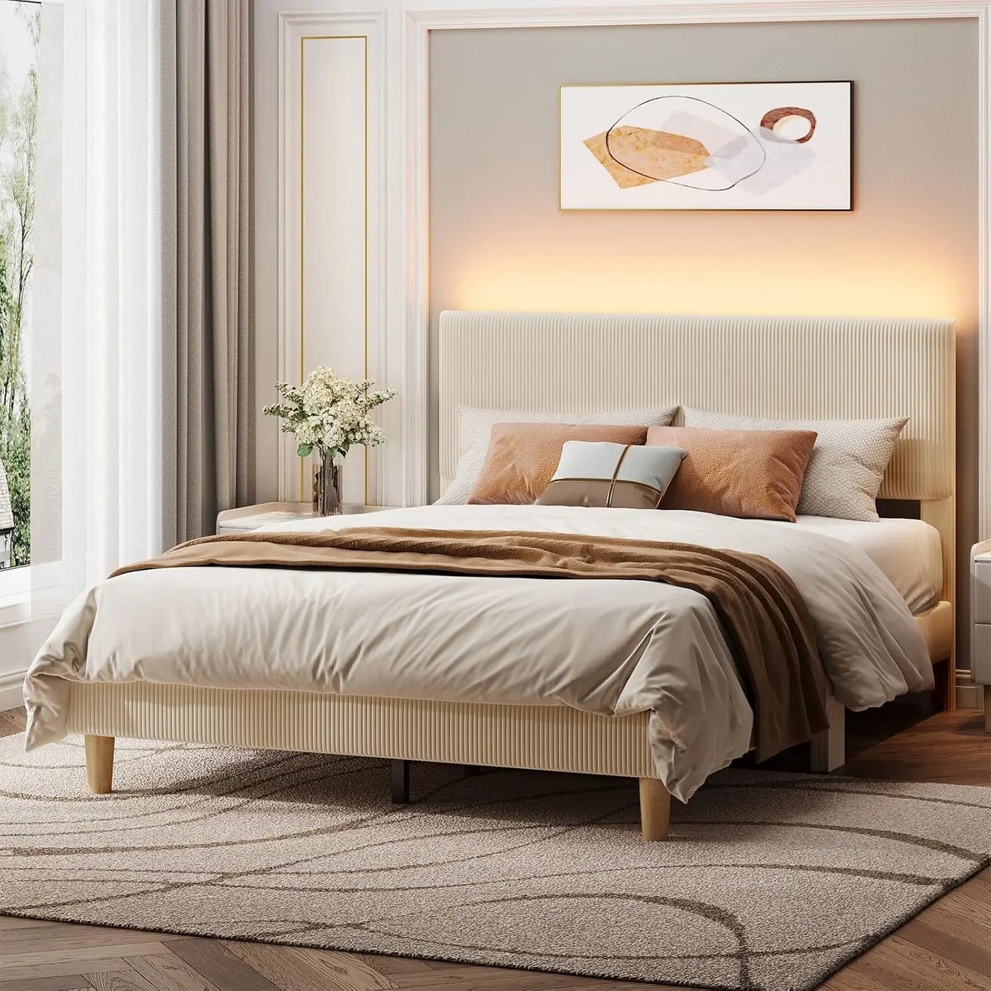 Platform Bed Frame With LED Headboard And Wooden Slats