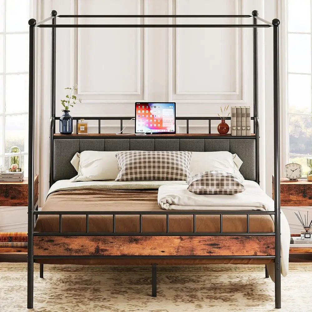 LIKIMIO Canopy Bed Frame Queen With Storage Headboard Charging Station