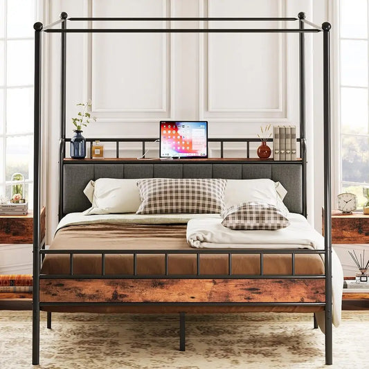 LIKIMIO Canopy Bed Frame Queen With Storage Headboard Charging Station