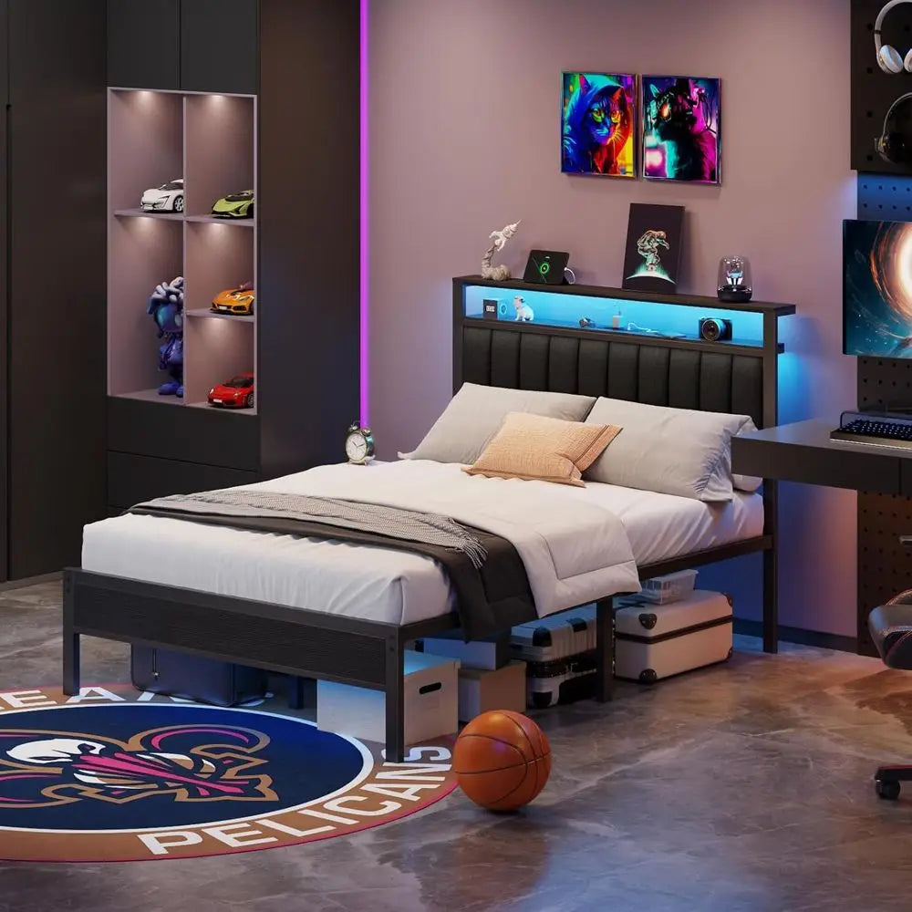 Queen Platform Bed With Charging Station LED Lights And Storage