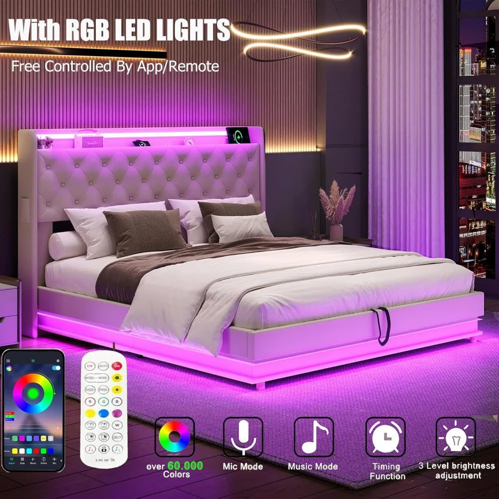 Lift Up Storage Bed With LED Lights And Charging Station