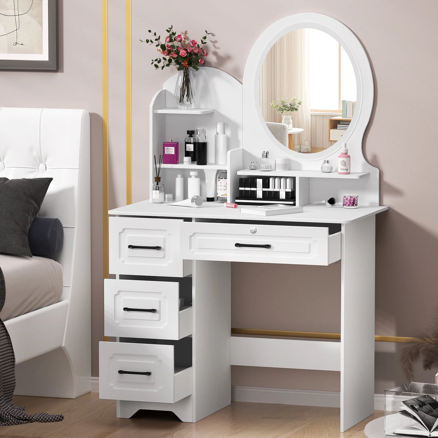 Modern Makeup Vanity Table With Mirror And Lights And Storage