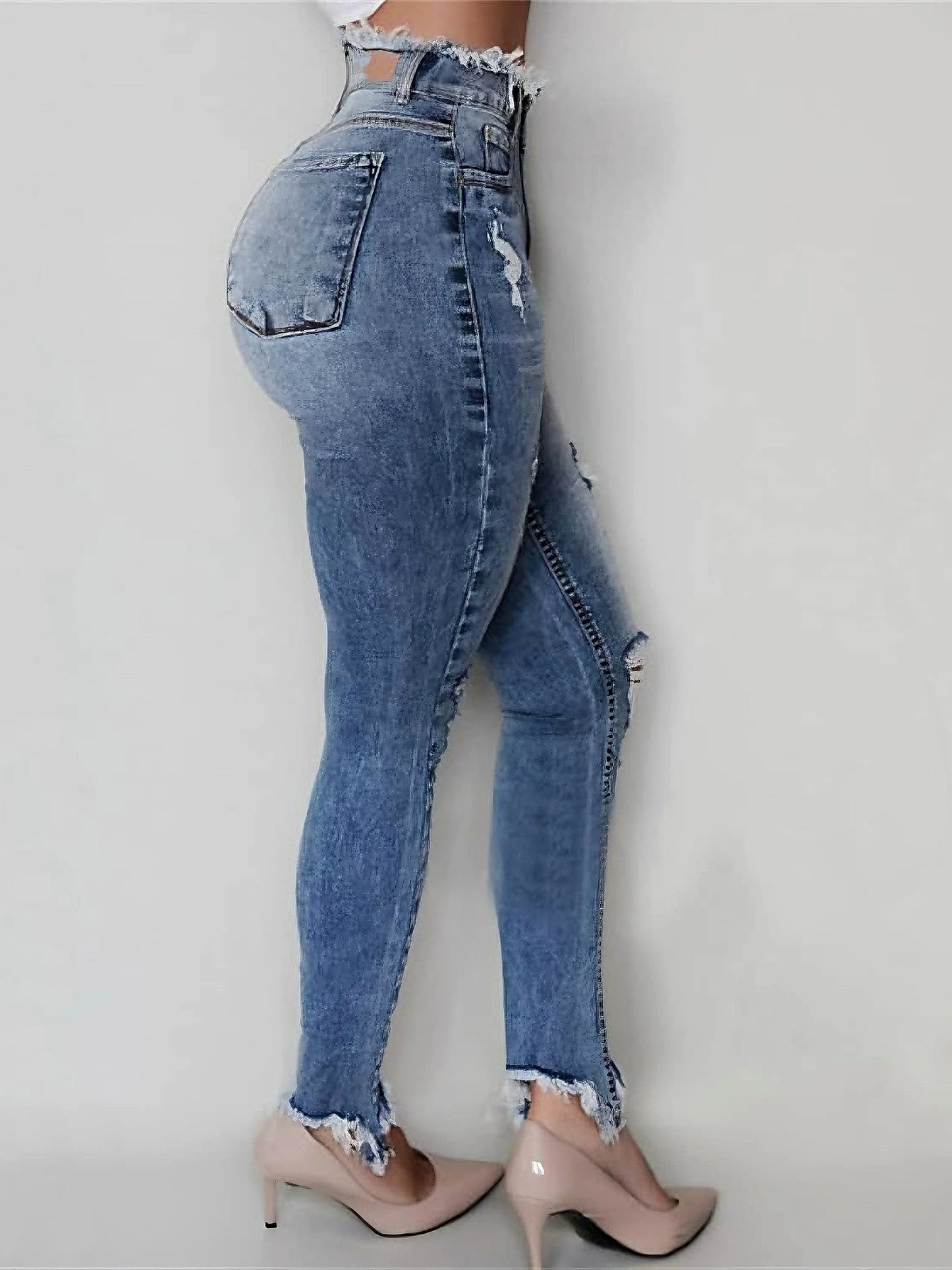 Women's High Waisted Fringed Ripped Skinny Denim Jeans