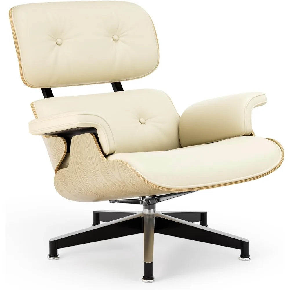 ZHUXIANG Grain Leather Mid Century Chaise Lounge Chair And Ottoman Ash Wood Base