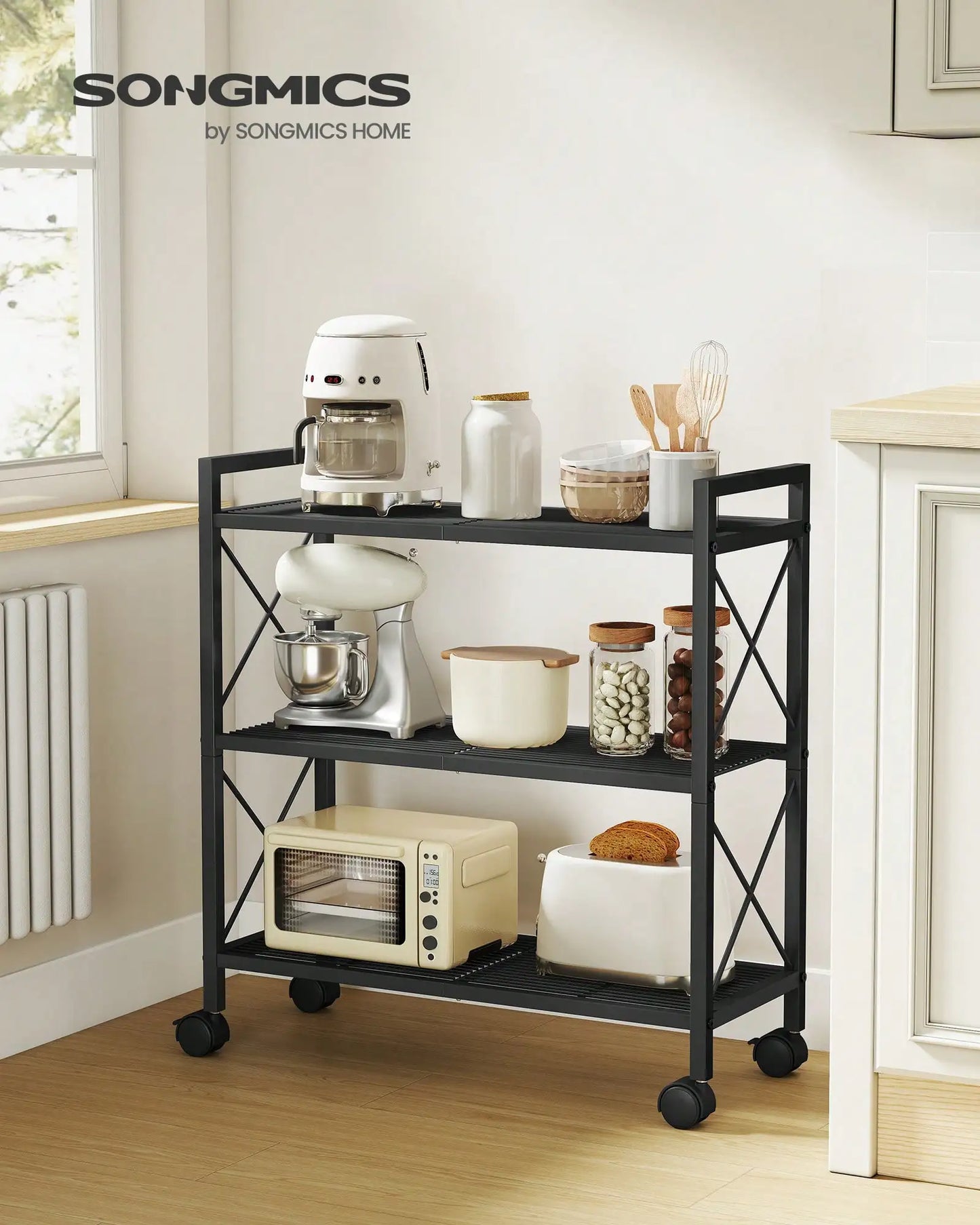 Three Tier Metal Storage Rack With Wheels Mesh Shelving Unit