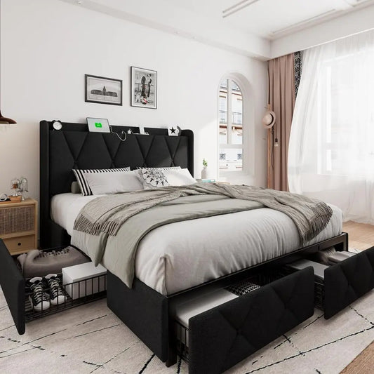 Upholstered Bed With Storage Drawers And USB Charging Station