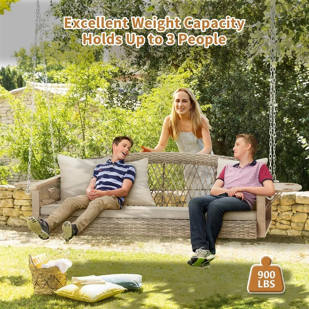 Three Person Wicker Porch Swing With Upgraded Cup Holder Cushions