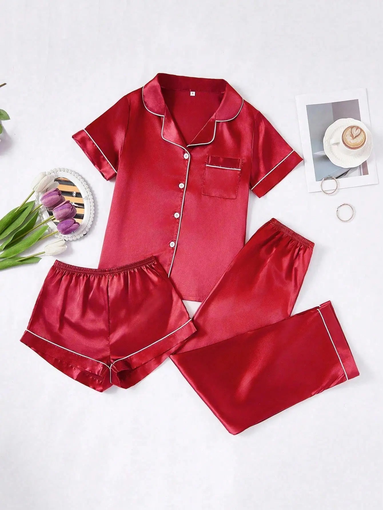 Faux Silk Pajama Set For Women Button-Down Top And Pants
