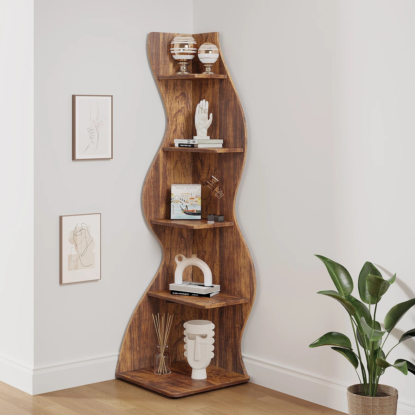 Tribesigns Rustic Five Tier Corner Bookshelf Wall Shelf Living Room