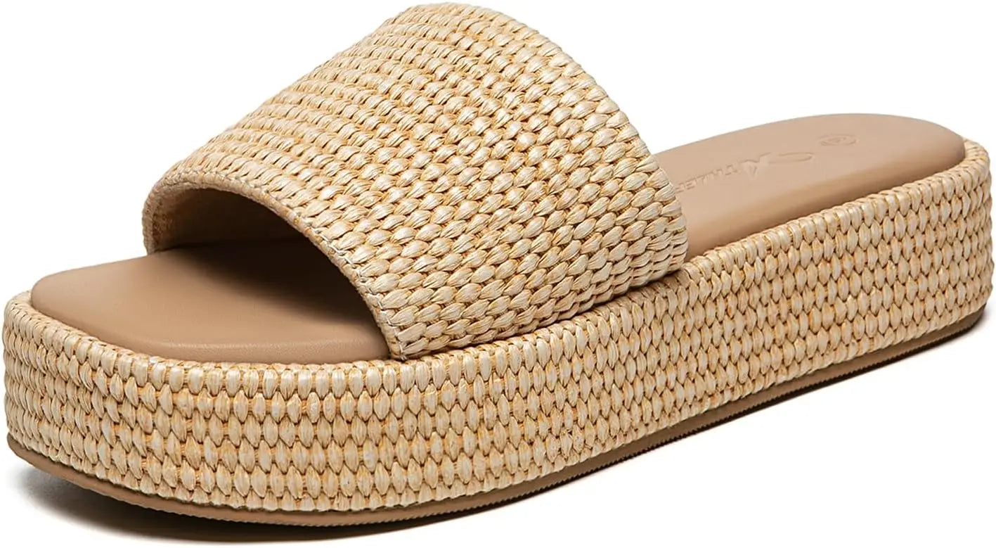 Athlefit Women's Platform Raffia Sandals Open Toe Slip On Beach