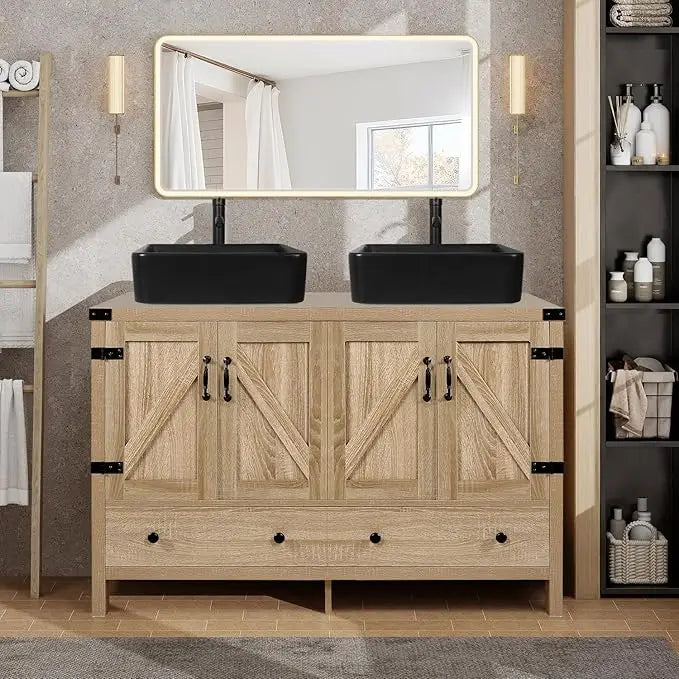 Huanzhuang Rustic Bathroom Vanity With Two Vessel Sinks