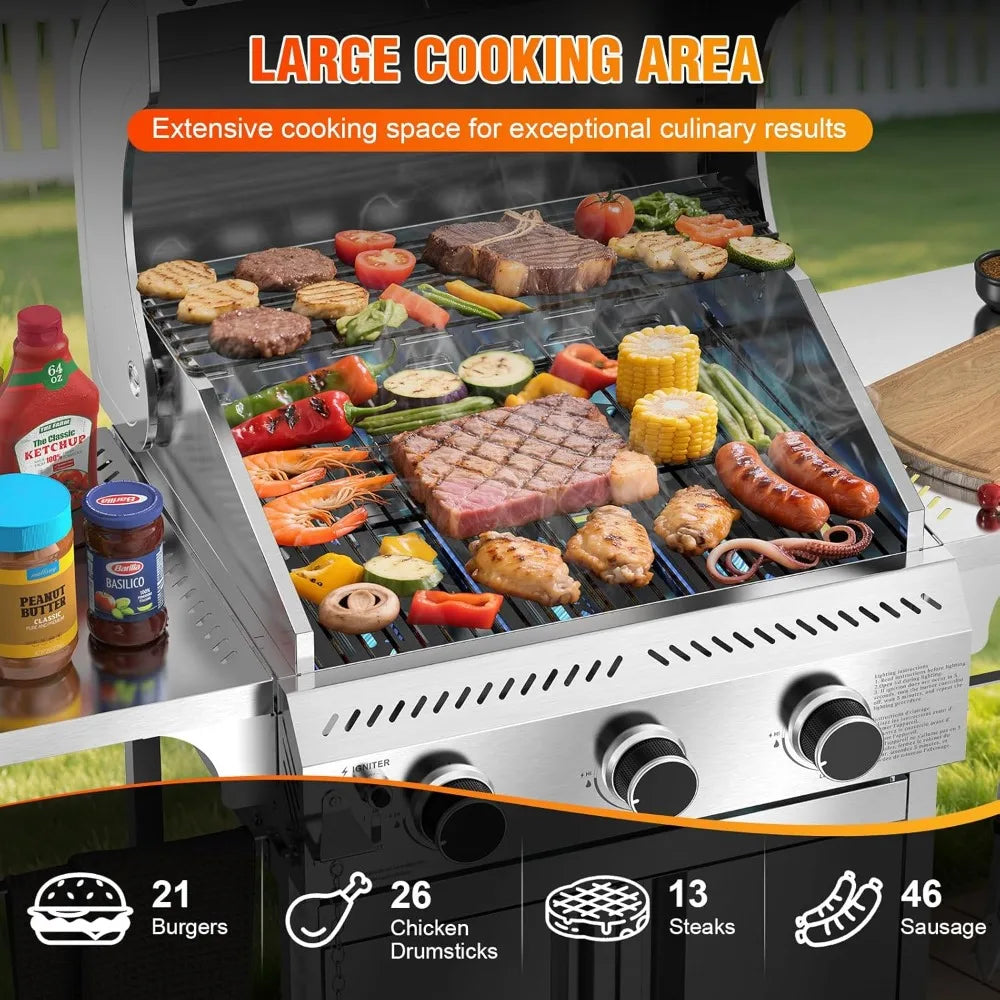 Stainless Steel 3-Burner Propane Grill With Folding Tables