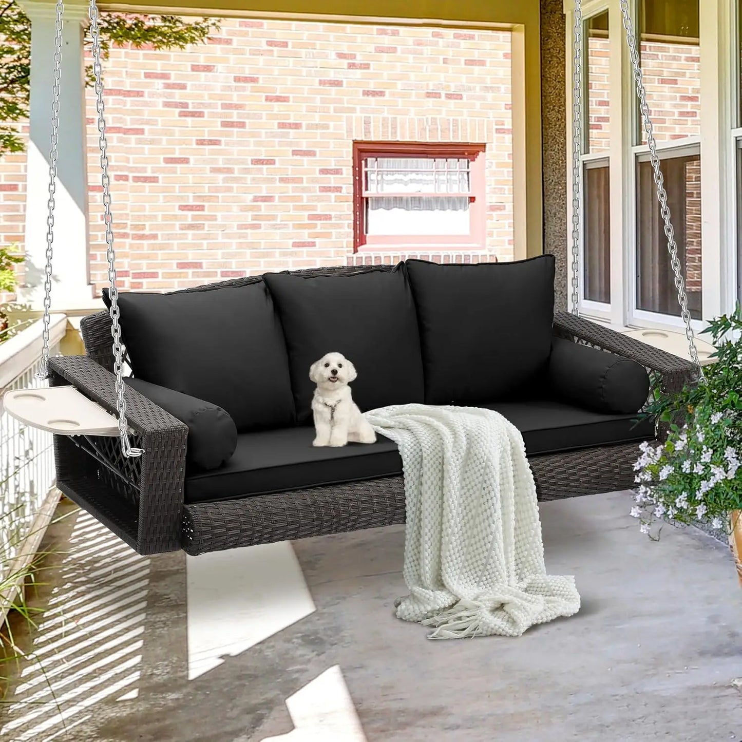 ZHENDAI Wicker Hanging Porch Swing Outdoor Patio Bench