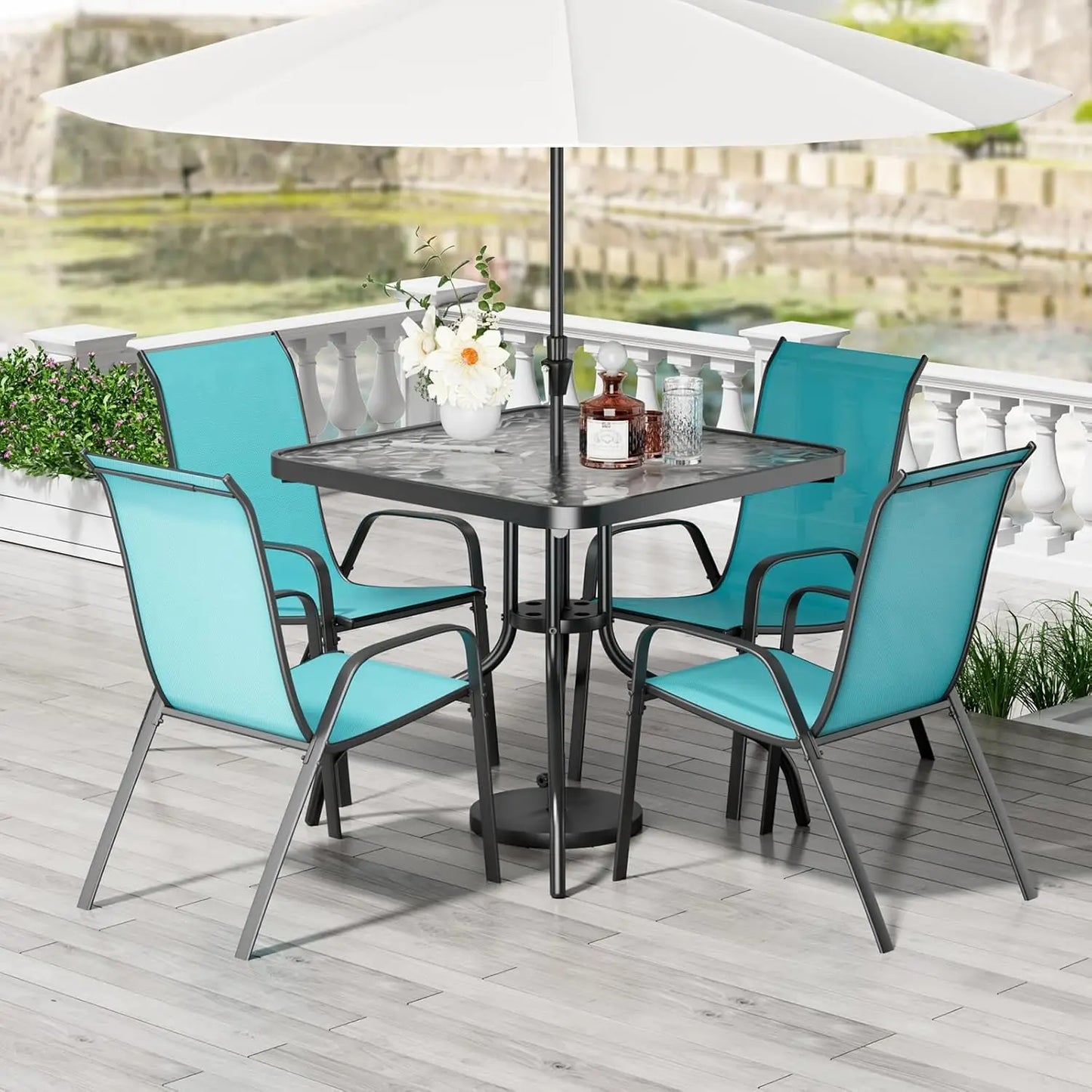 All Weather Patio Dining Set With Table And Four Textilene Chairs