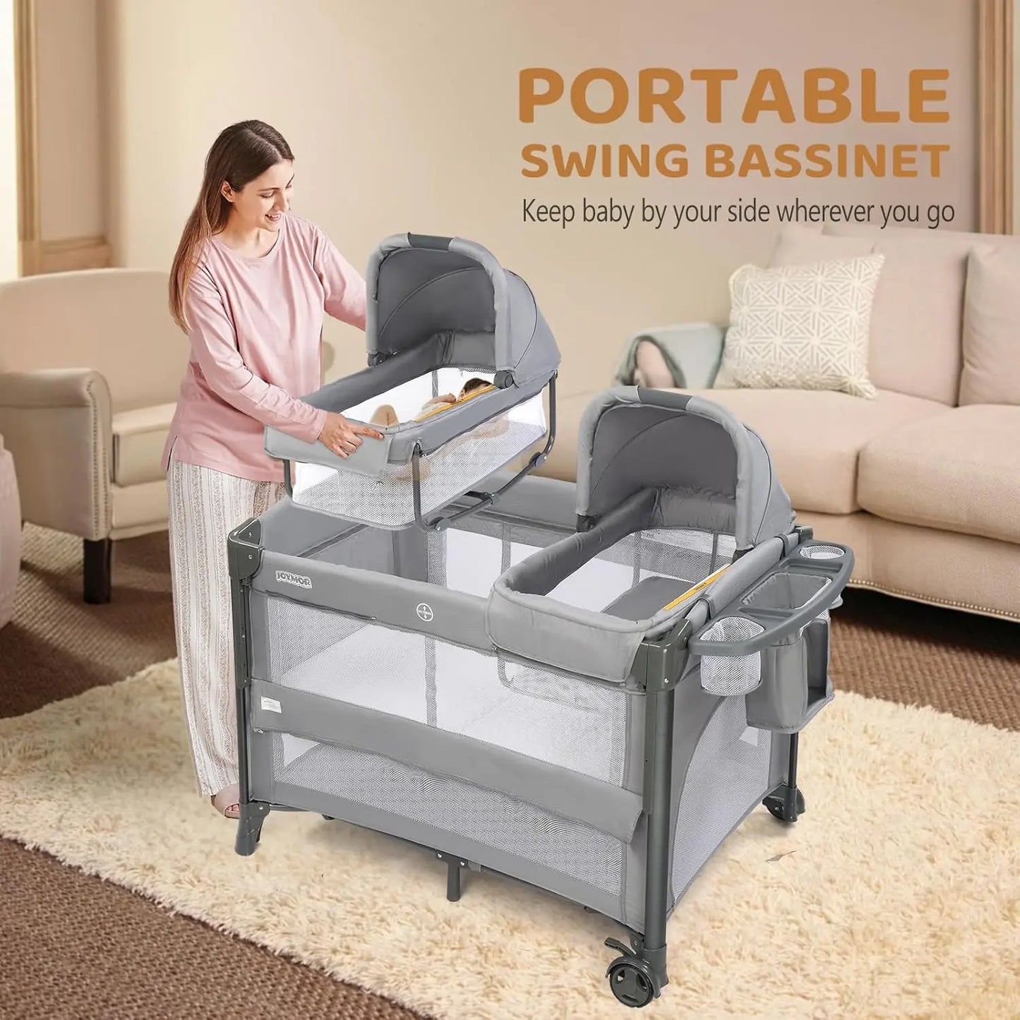 Baby Bedside Bassinet Sleeper Convertible to Playpen With Wheels