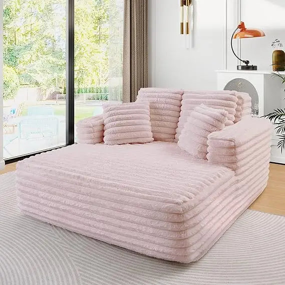 Oversized Faux Fur Chaise Lounge Sleeper Sofa with Pillows