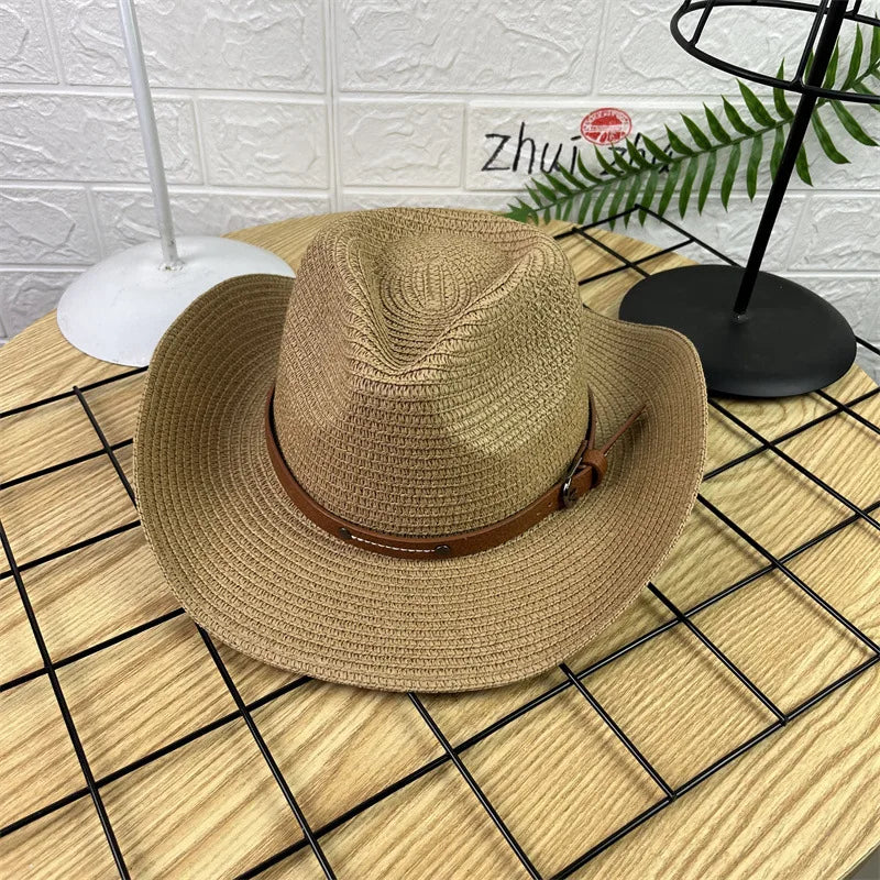 Wide Brim Straw Cowboy Hat Sun Protection for Summer