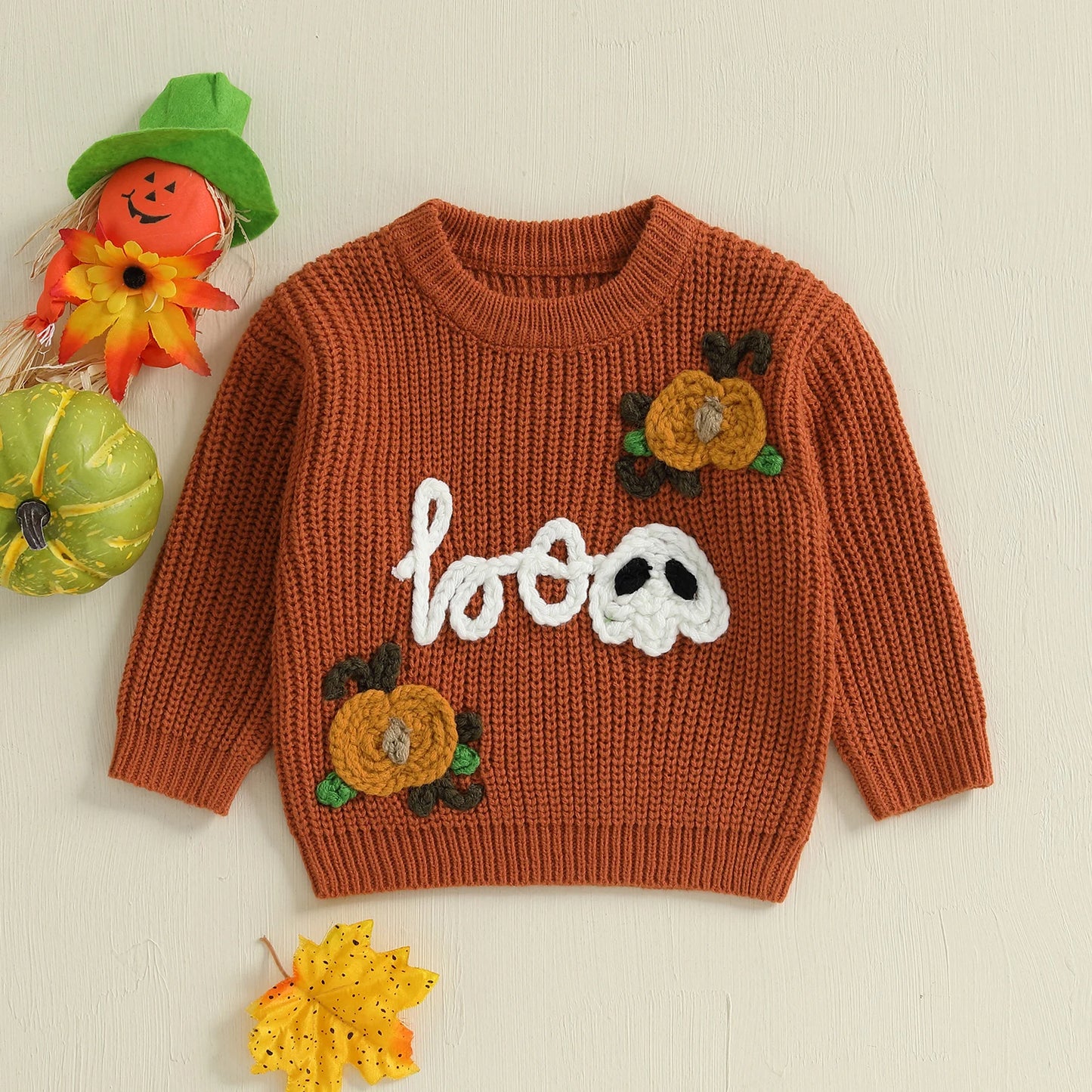 NONECN Kids Halloween Bat Witch Hat Embroidered Crewneck Sweater Unisex