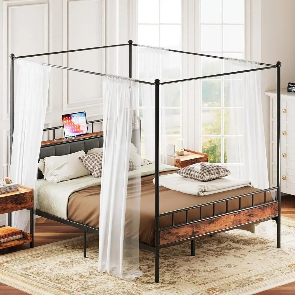 LIKIMIO Canopy Bed Frame Queen With Storage Headboard Charging Station