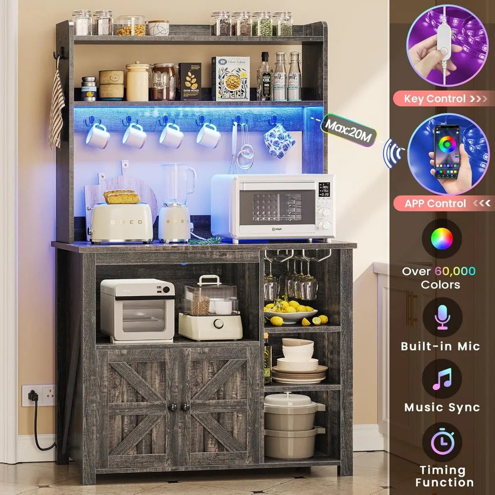 RBXCH Coffee Bar Cabinet With Microwave Hutch LED Lights