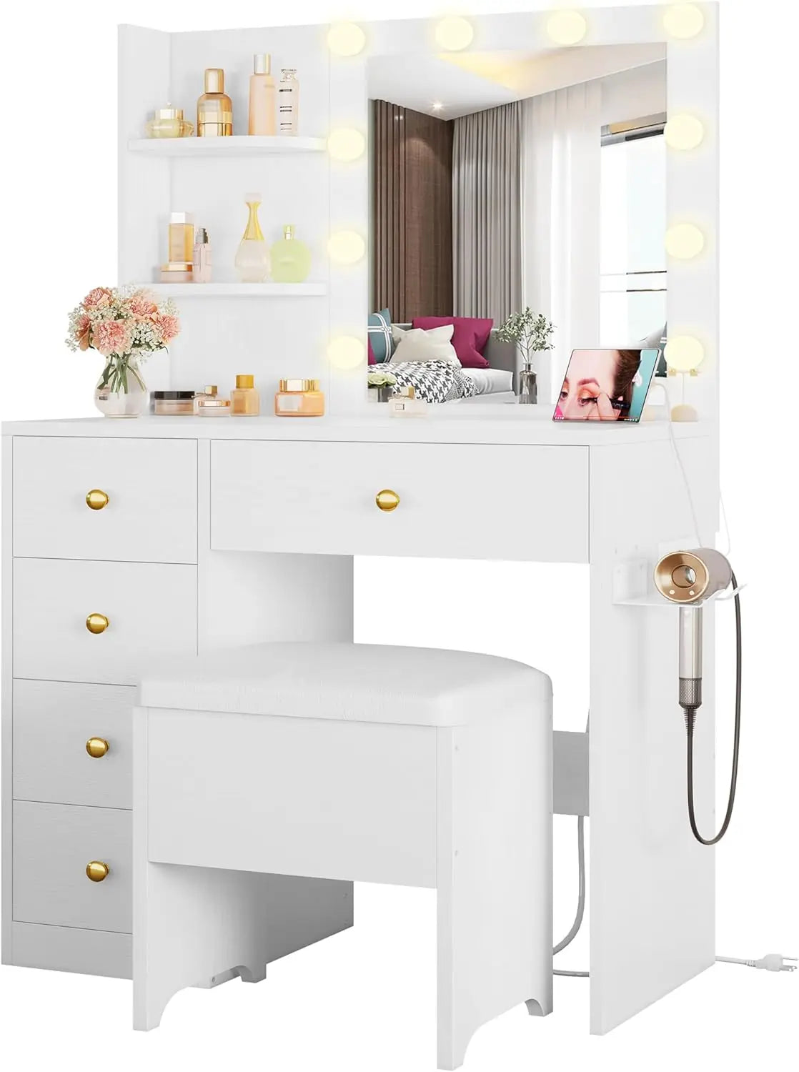 ZHUOTING Vanity Desk With Mirror And Lights 5 Drawers