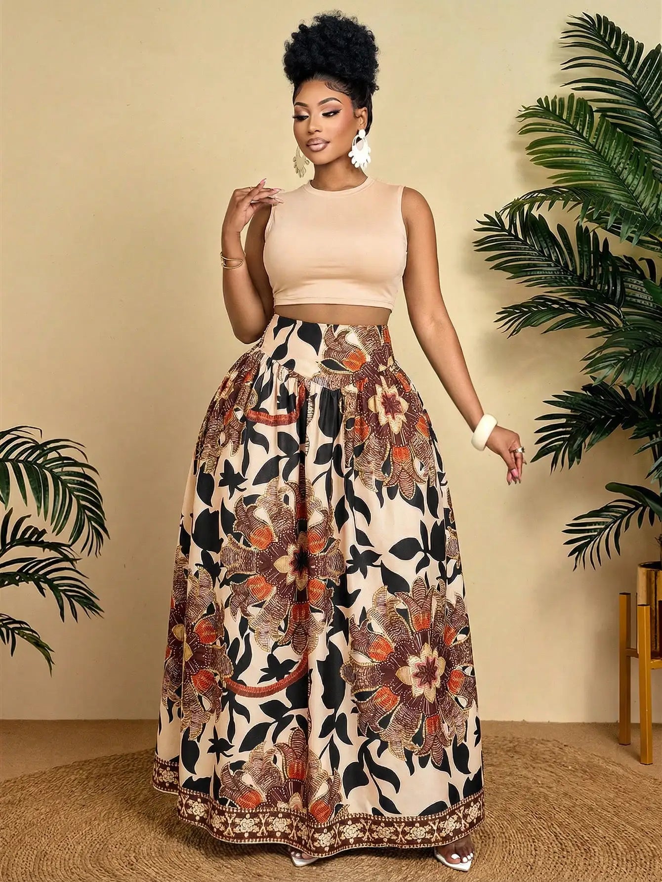 Two Piece Set Sleeveless Crop Top and Floral Maxi Skirt