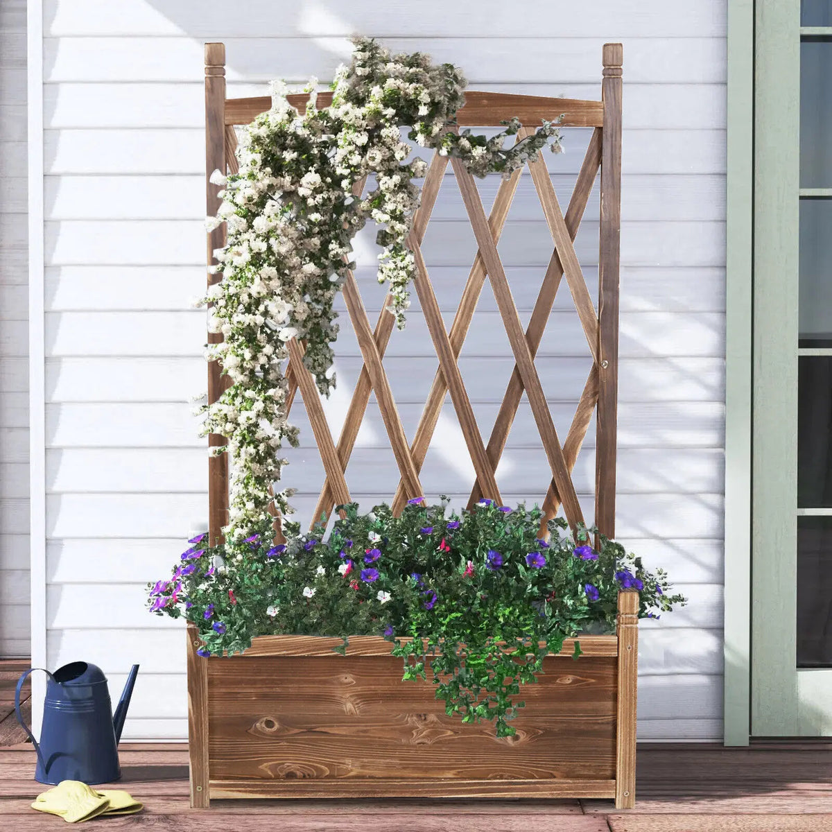 Elevated Wood Planter Box With Trellis For Herbs And Flowers