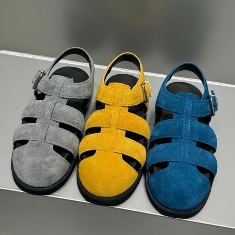 Autuspin Retro Women Genuine Leather Flat Sandals Buckle Comfort