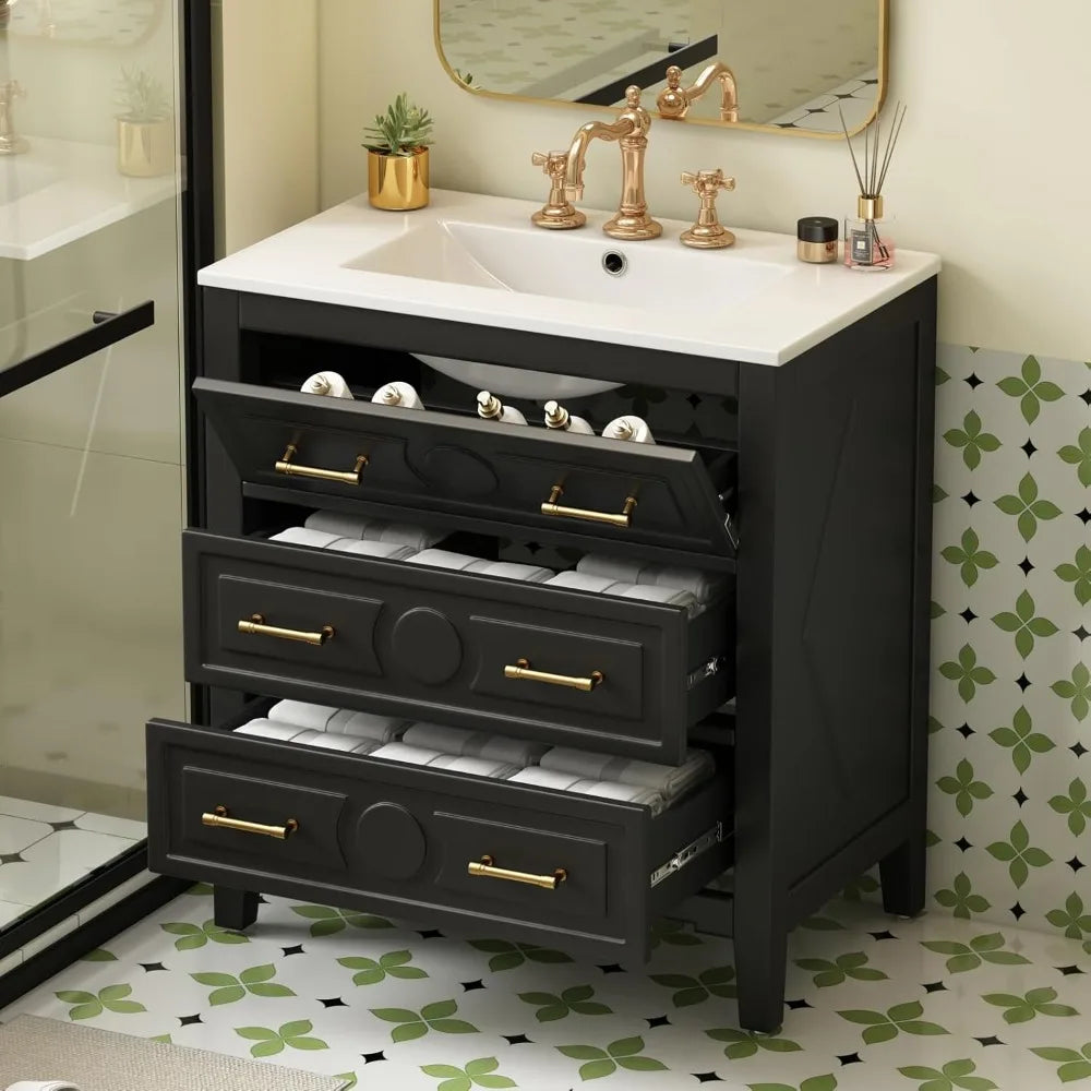 Oak Solid Wood Bathroom Vanity With Ceramic Sink And 3 Drawer Cabinet Gold Pulls