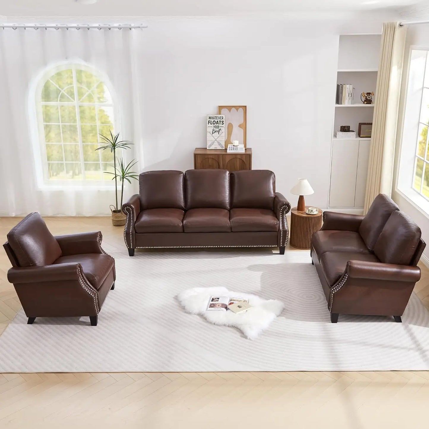 Compact PU Leather Sofa Set 3 Piece With Nailhead Trim