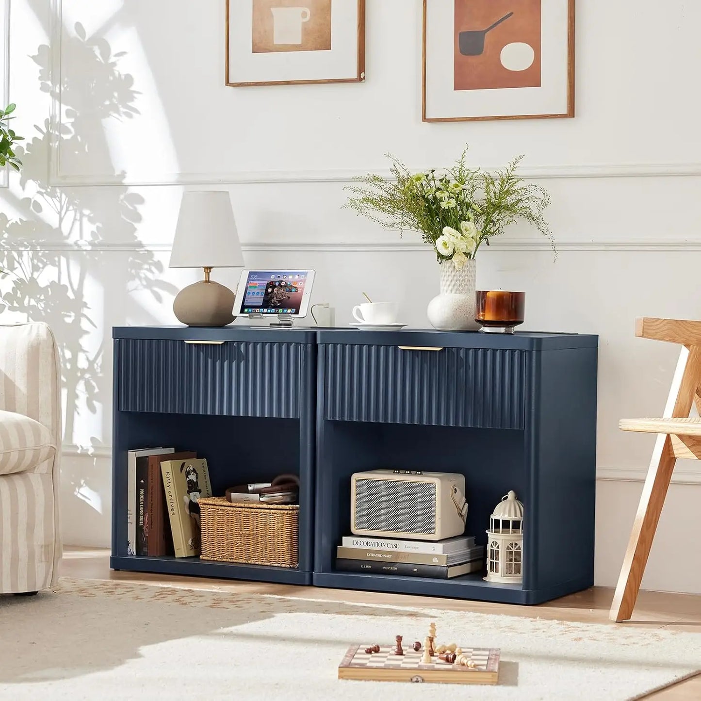 Fluted Farmhouse Nightstand Set Of 2 With Charging Station