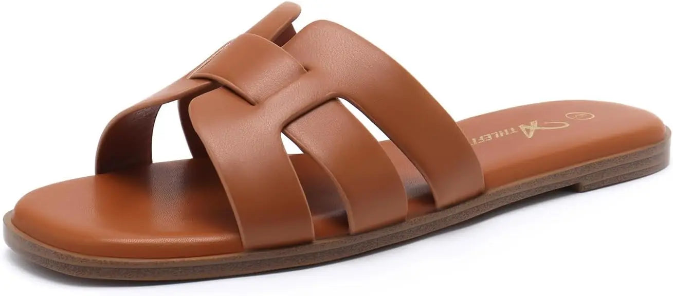 NONECN Flat Leather Slip-On Sandals For Summer Comfort