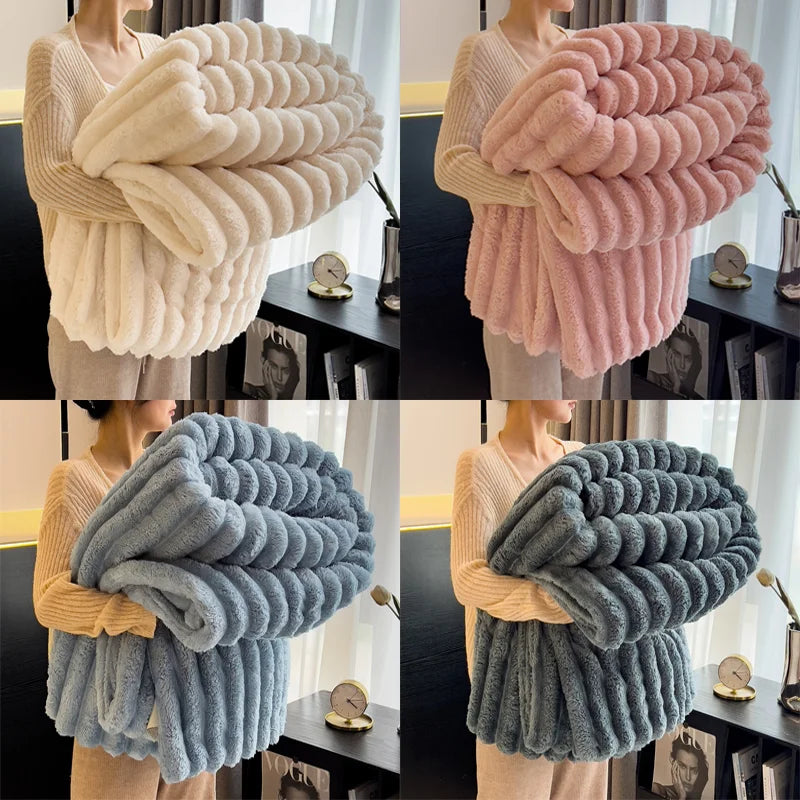 Striped Coral Fleece Throw Blanket 250GSM Soft And Warm