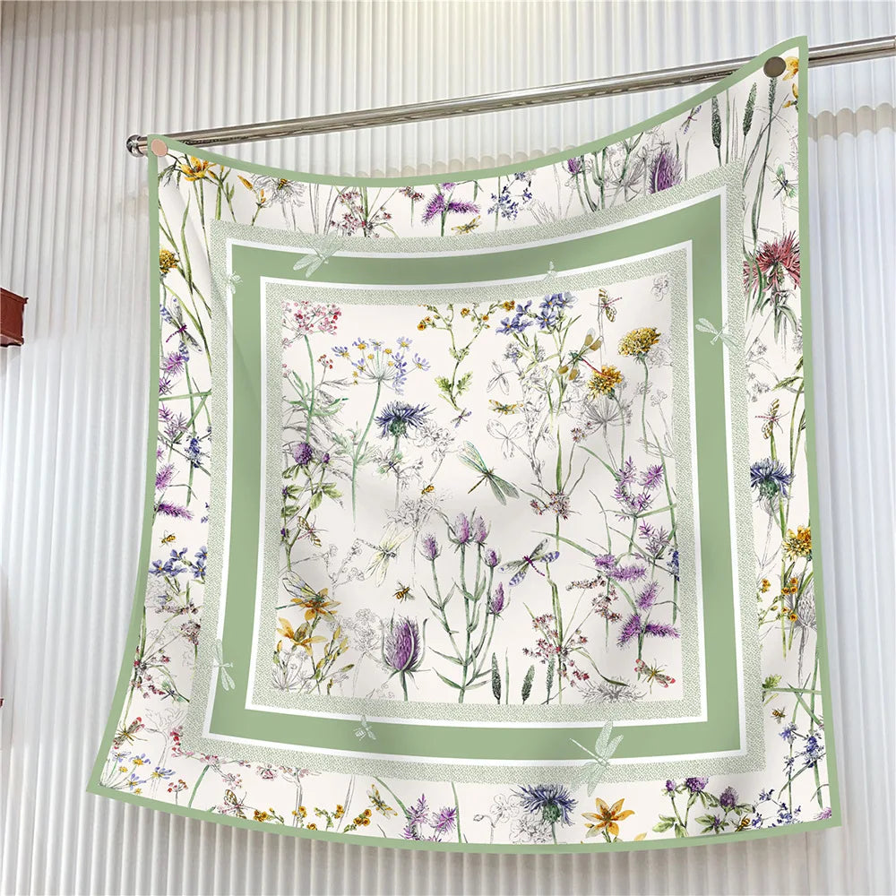 Floral Silk Twill Square Scarf Hijab Shawl For Women