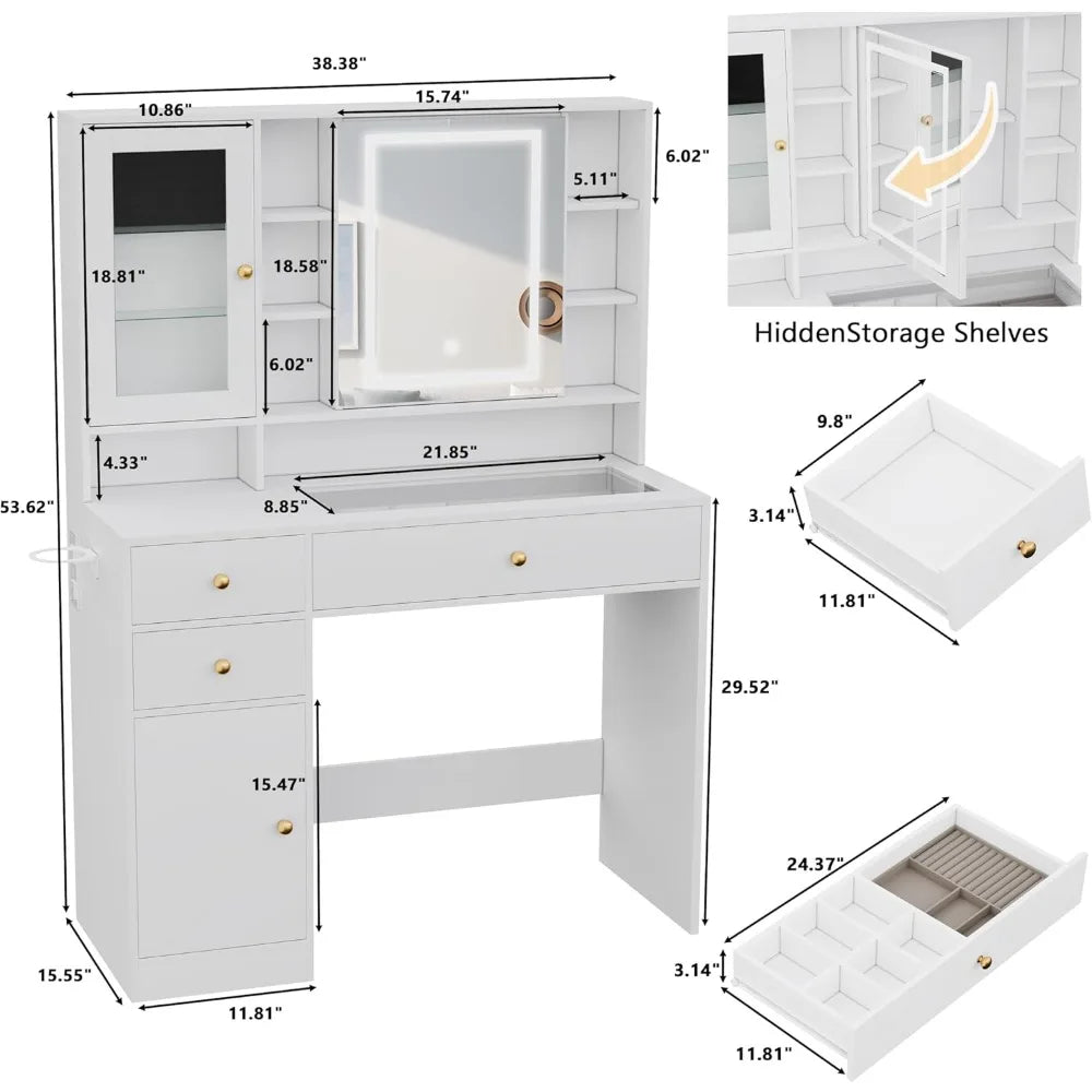 HUANZHUANG Makeup Vanity Desk With Mirror Lights Glass Top