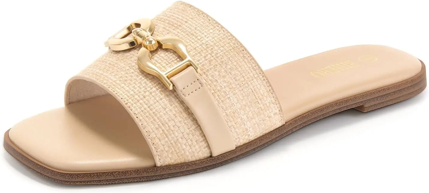 Womens Flat Sandals Memory Foam Cushioned Leather Slides