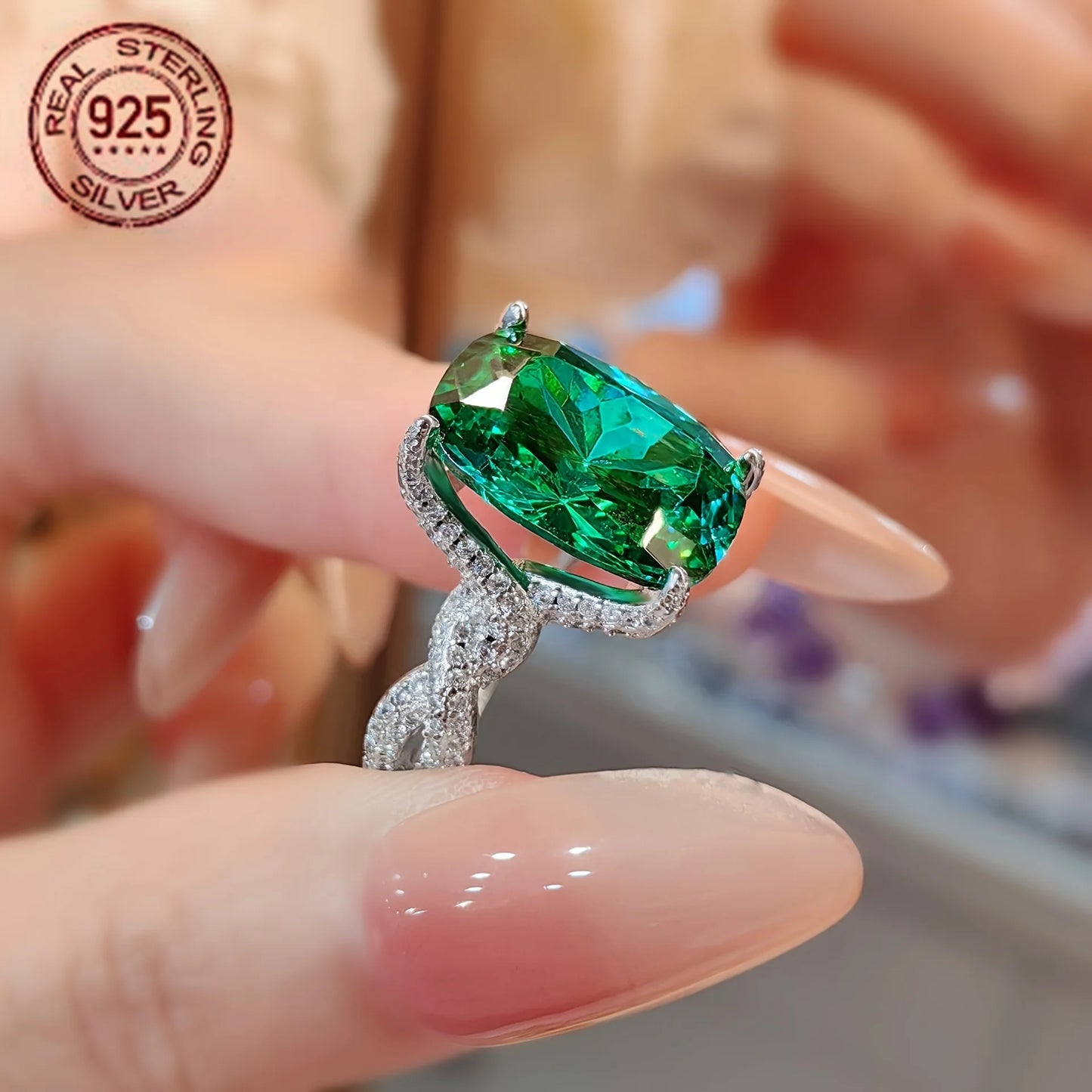 WPOOCC Delicate Lab Grown Emerald Halo Engagement Ring