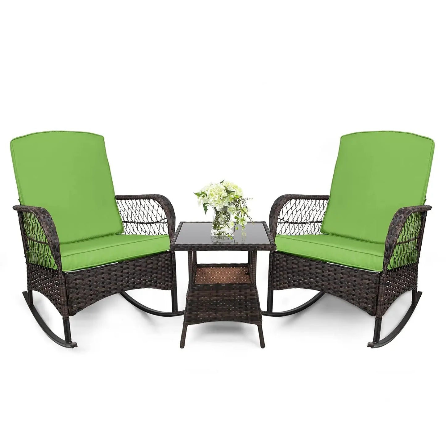 Outdoor Rocking Bistro Set With Glass Table PE Wicker 3-Piece