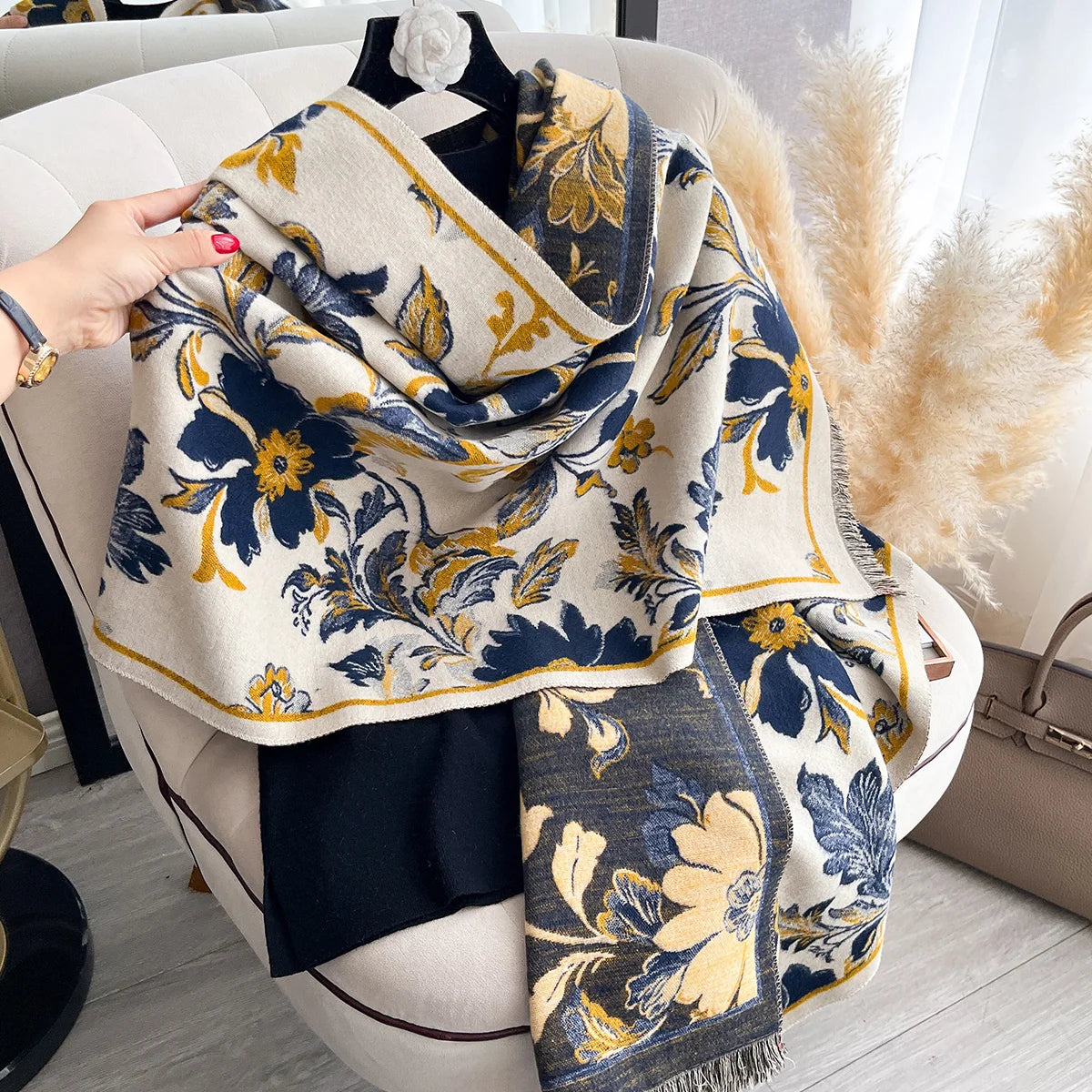 Floral Print Winter Scarf For Women Warm Polyester Shawl Wrap