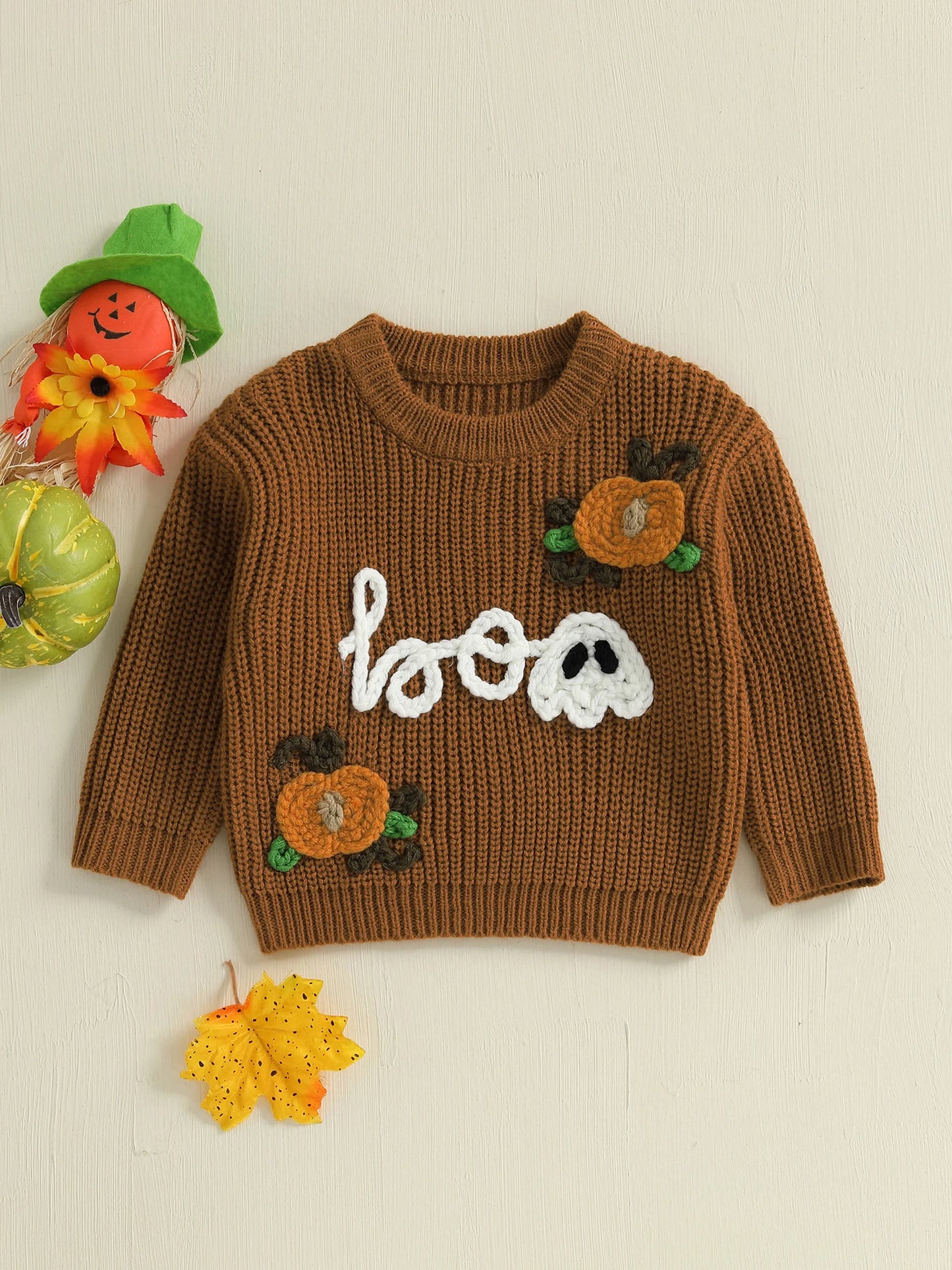 NONECN Kids Halloween Bat Witch Hat Embroidered Crewneck Sweater Unisex