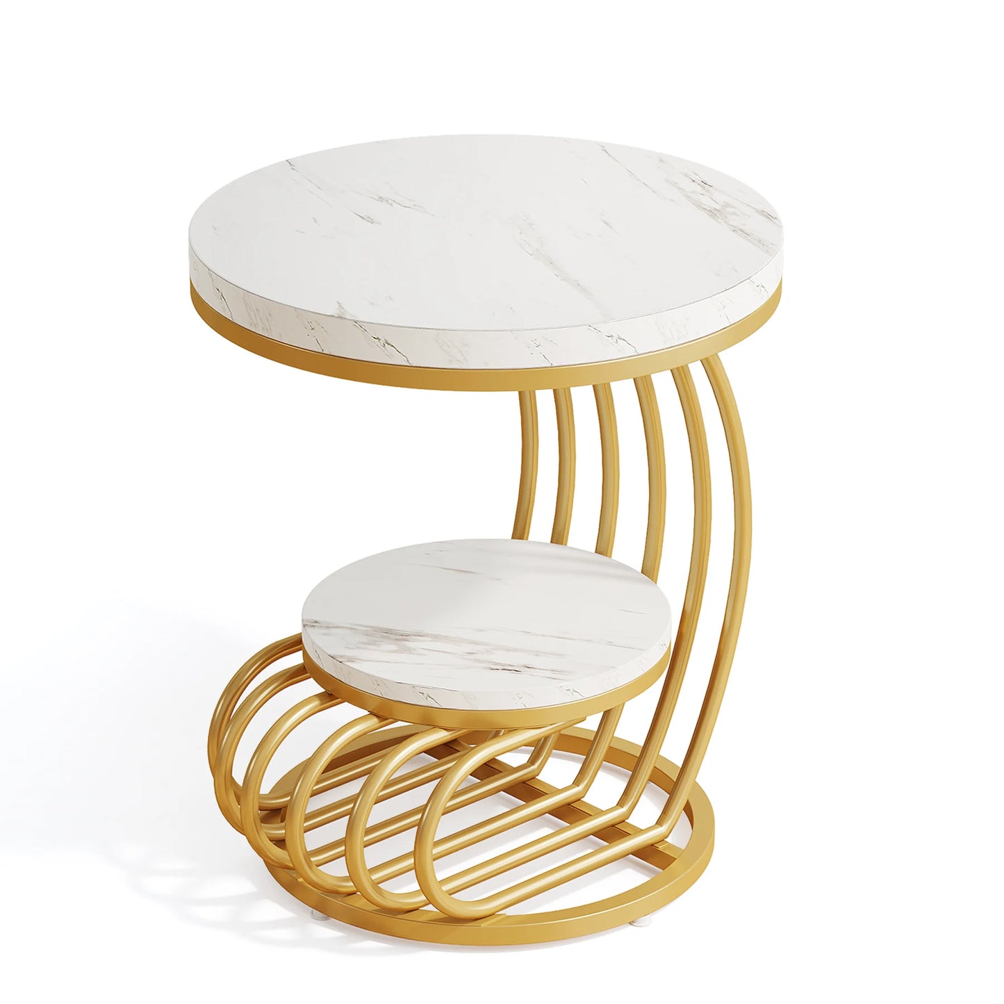 Tribesigns Gold Round End Table With Two Tiers Faux Marble
