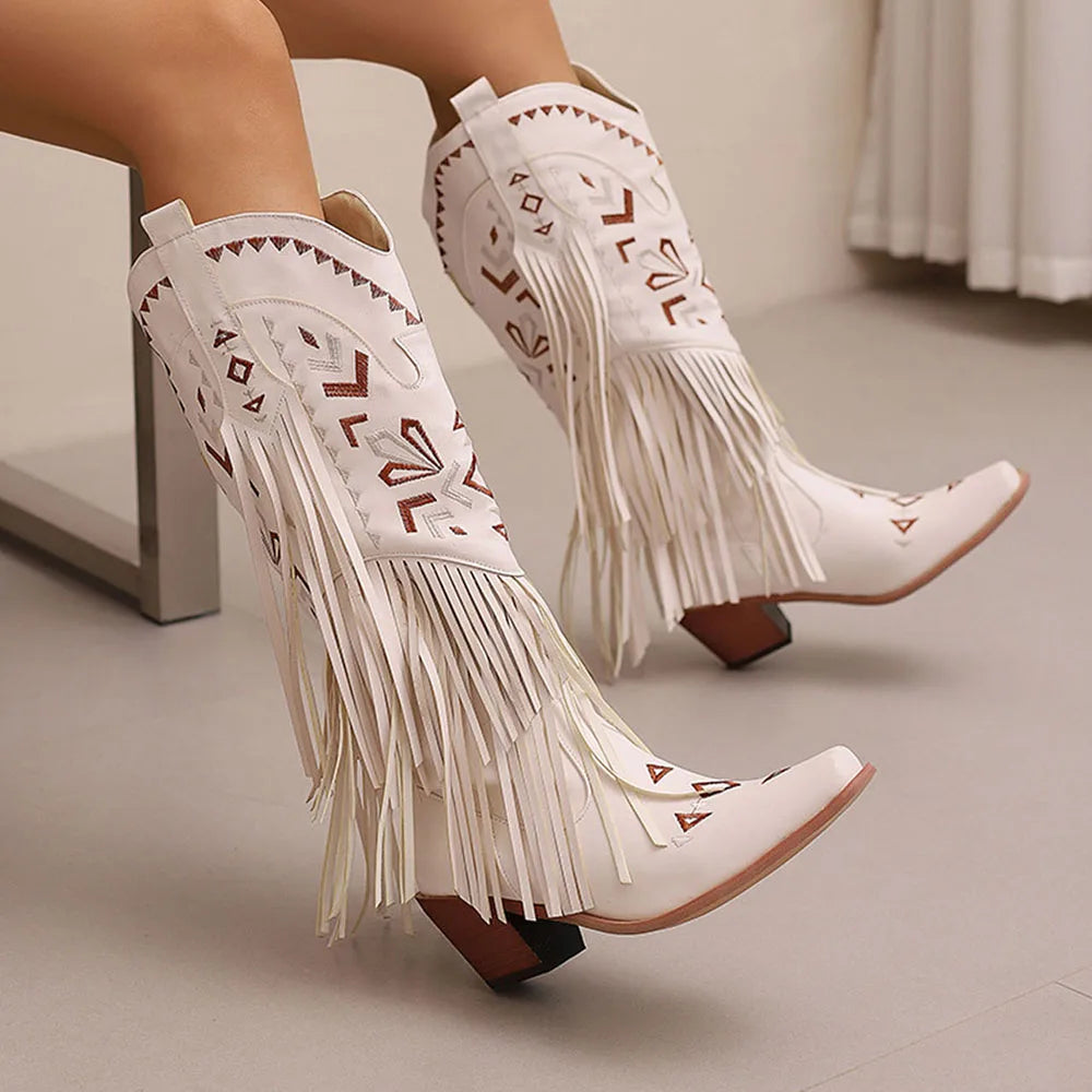 GIGIFOX Retro Tassel Embroidered Cowgirl Western Boots MidCalf
